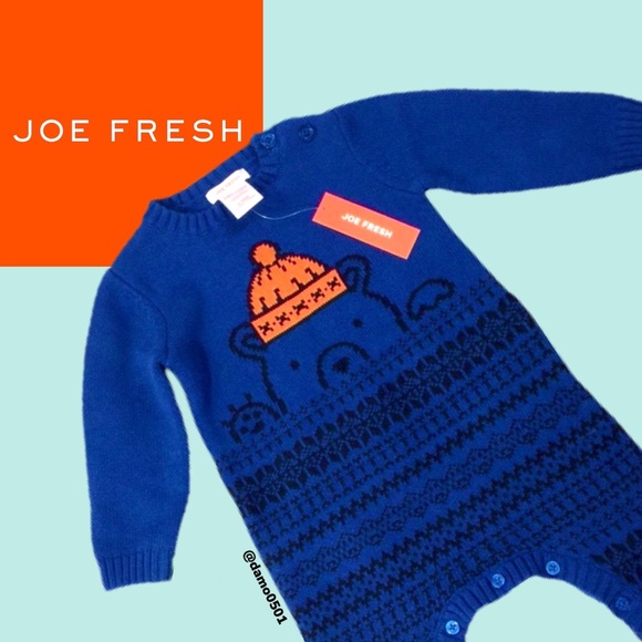 NWT Joe Fresh Baby Boys Bear Sweater Button Romper - Picture 1 of 10